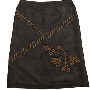 Richard Malcolm Faux Suede Midi Skirt 6 Brown Whipstitch Embroidered A-Line Vtg